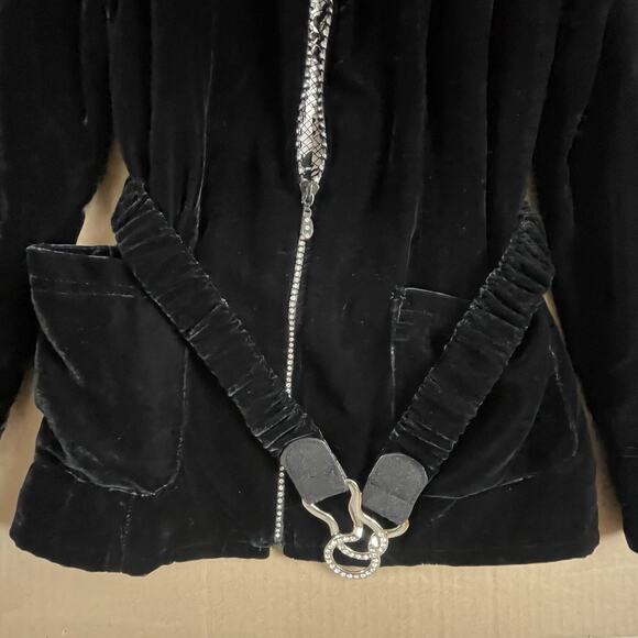 Vintage Women’s Jacket Y2K Black Velvet Full Zip Rhinestone Detail Belted Bling - Picture 5 of 11